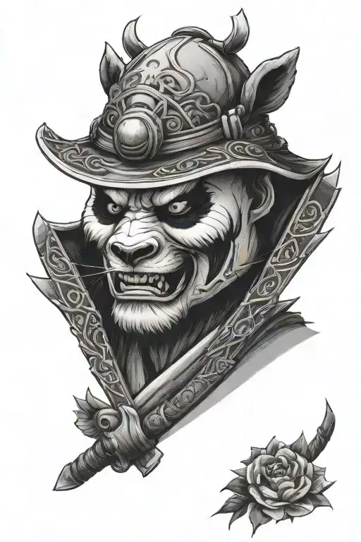 a angry panda samurai, torso and head only tattoo design idea