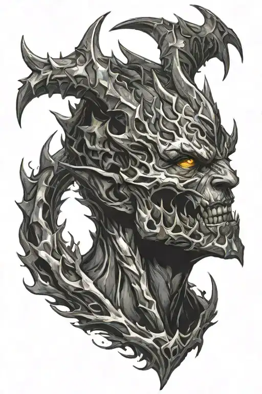 A detailed portrait of Thresh from League of Legends in a dark and moody black-grey style tattoo design idea