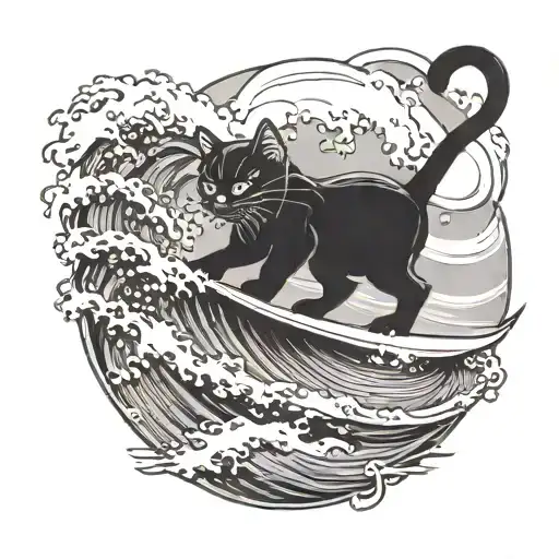 black cat surfing wave tattoo design idea