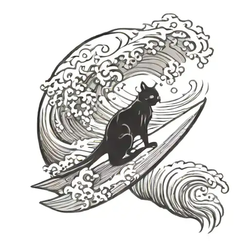 black cat surfing wave tattoo design idea
