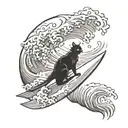 black cat surfing wave tattoo design idea
