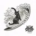 black cat surfing wave tattoo design idea