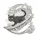 black cat surfing wave tattoo design idea