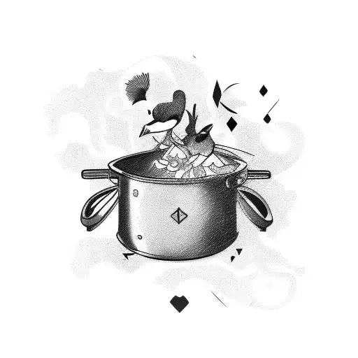 A sketch tattoo of a cooking pot overflowing with various animals tattoo design idea