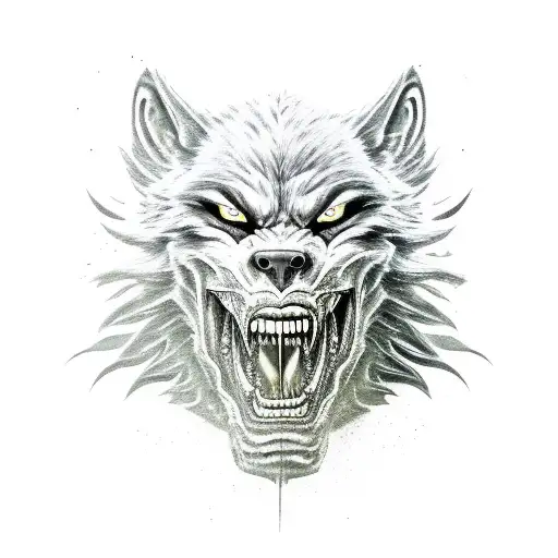 a snarling, muscular werewolf in mid-transformation, with one foot planted firmly on the ground  tattoo design idea