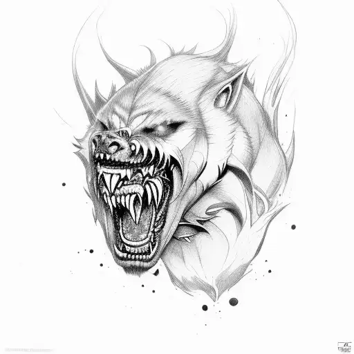 a snarling, muscular werewolf in mid-transformation, with one foot planted firmly on the ground and the other raised in  tattoo design idea