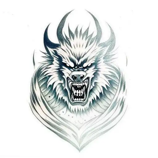 a snarling, muscular werewolf in mid-transformation, with one foot planted firmly on the ground  tattoo design idea