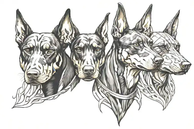 3 doberman heads all manic but the middle one that's hungry and angry tattoo design idea