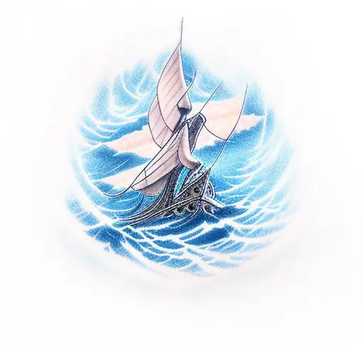 An anime-inspired fishing boat sailing through a storm with lightning in the background tattoo design idea