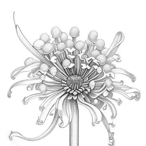 summer, chrysanthemum, lily of the valley, carnation, morning glory, and larkspur bouquet  tattoo design idea