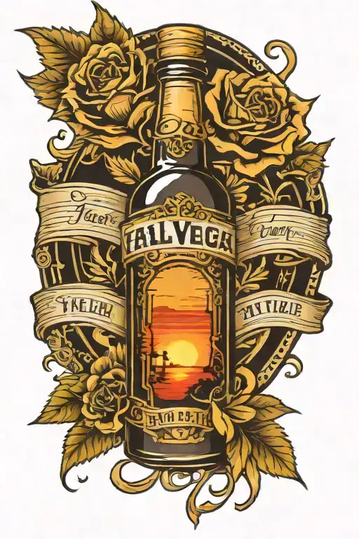 Create a traditional black front forearm tattoo that has a fallout new vegas sunset Sarsaparilla bottle with a flower tattoo design idea