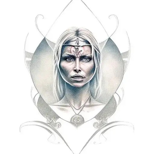 a warrior mother, a courageous woman who fights against all adversities in life. The image should convey a divine or cel tattoo design idea