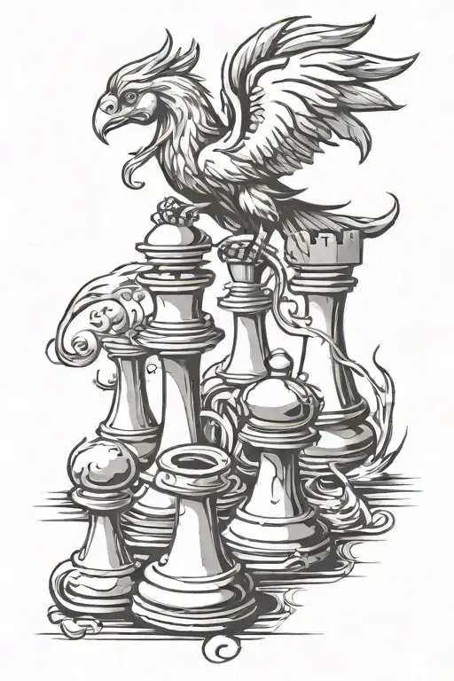 Chess theme with a pawn intimidated by other pieces with phoenix as shadow of pawn tattoo design idea