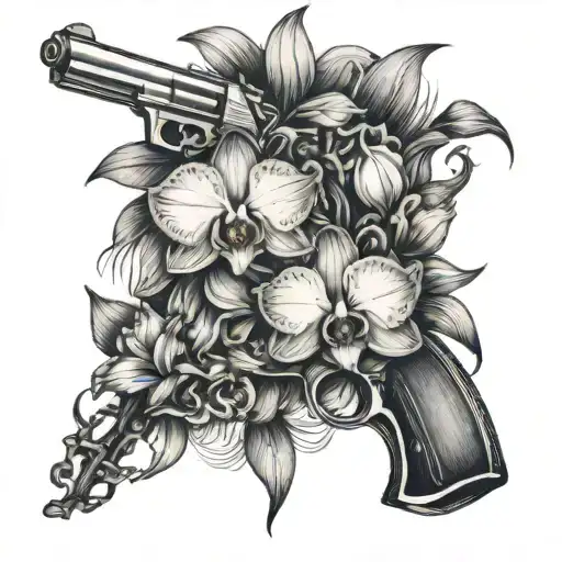 gun and orchid flowers with vein wrapping around  tattoo design idea