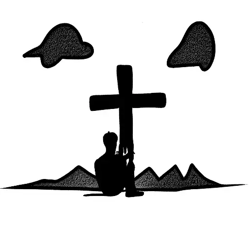 man sitting sadly in front of a cross on a grassy hill tattoo design idea