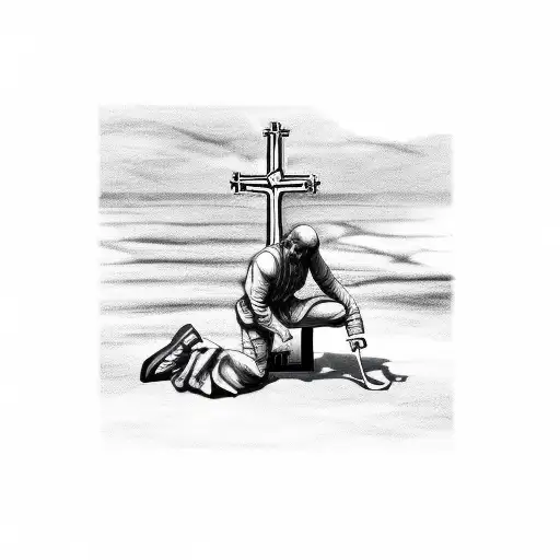 man kneeling in front of a cross tattoo design idea