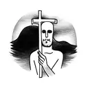 man sitting sadly in front of a cross on a grassy hill tattoo design idea