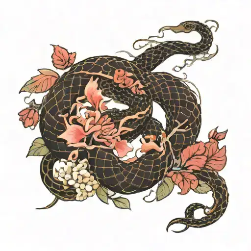Dark snake, red flowers intertwined tattoo design idea