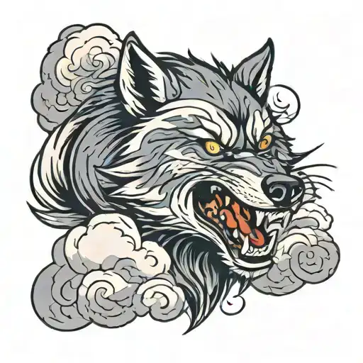 angry wolf head, cloud background tattoo design idea