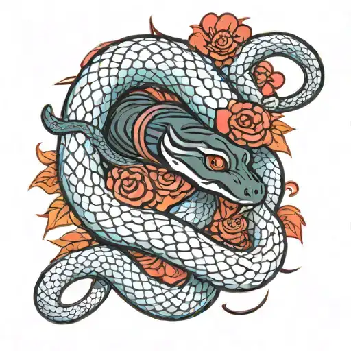 Biting snake red flower background tattoo design idea