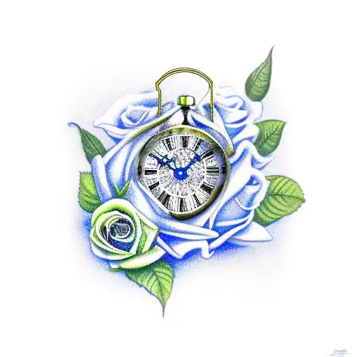 clock, blue bandana, blue roses, watching over you tattoo design idea