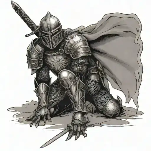 a warrior in armor and chain mail, standing on one knee, bowed before the sword in front of him, which is stuck in the g tattoo design idea