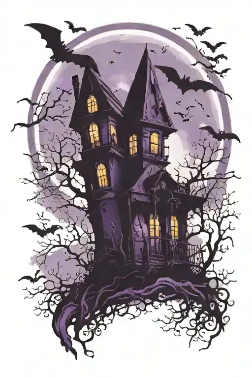bats flying by a haunted house with a graveyard. dark purple sky. full moon tattoo design idea