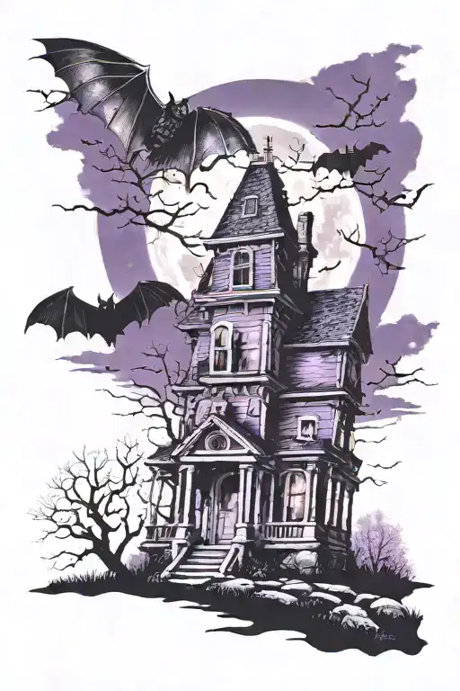 bats flying by a haunted house with a graveyard. dark purple sky. full moon tattoo design idea