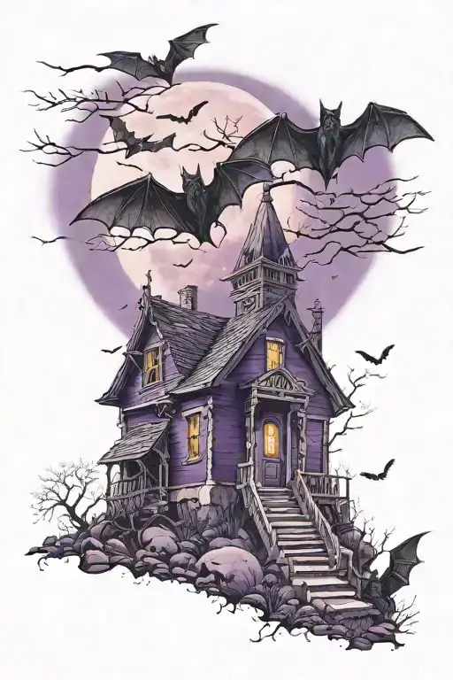 bats flying by a haunted house with a graveyard. dark purple sky. full moon tattoo design idea