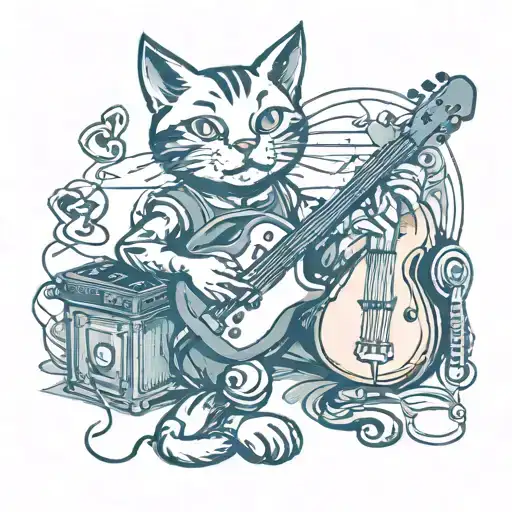 Create a tattoo featuring a cat playing a musical instrument in a new-school style tattoo design idea