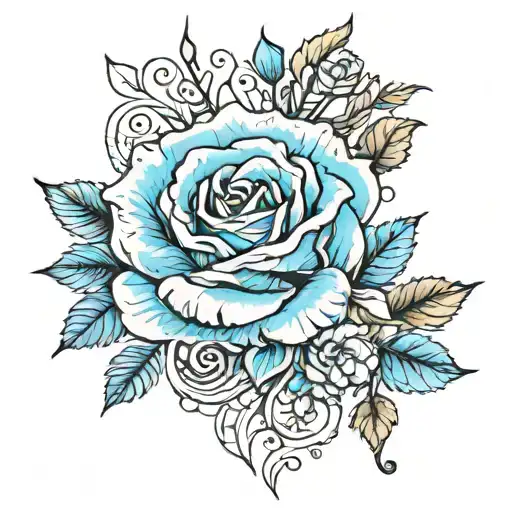 music, earthy, blue rose tattoo design idea