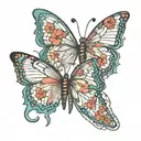 two butterflies. both floded like flying kind of staggered with a heart in between tattoo design idea