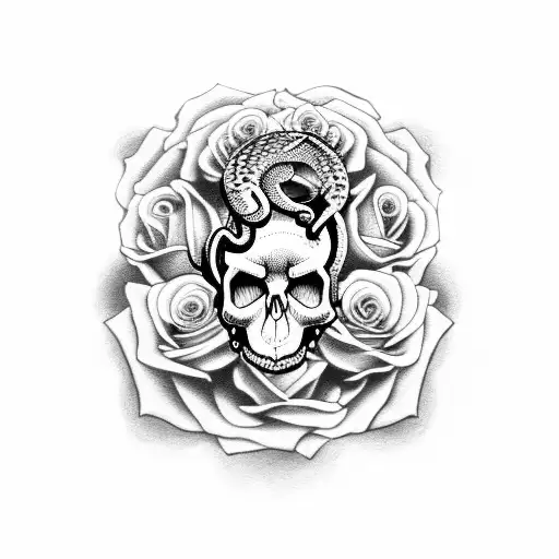 A snake coiled around a skull with roses in the background tattoo design idea