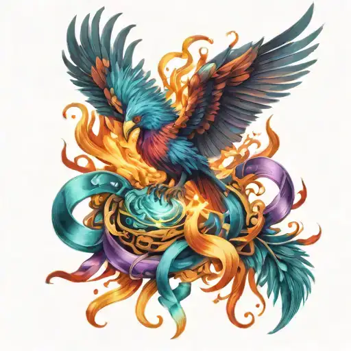 Phoenix rising through flames, ribbons feathers and flame, with deep purple and teal semicolon, in red, orange, yellow. tattoo design idea