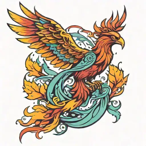 Phoenix rising through flames, ribbons feathers and flame, with deep purple and teal semicolon, in red, orange, yellow. tattoo design idea