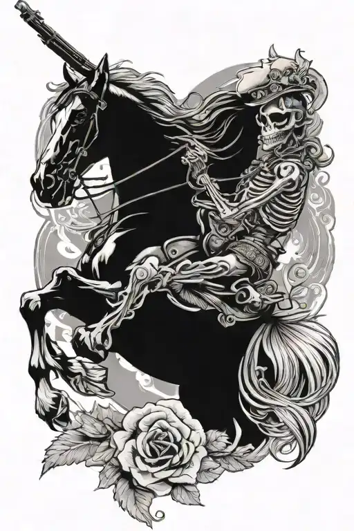 a female skeleton holding a pistol on a horse with a western background tattoo design idea