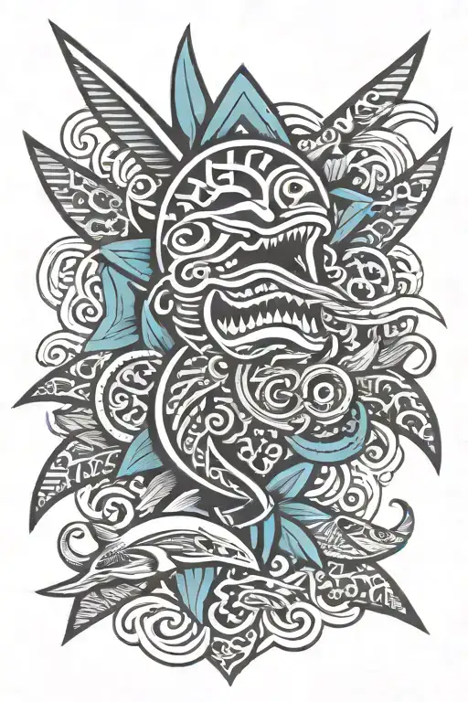 Polynesian tattoo with Spearheads, Shark Teeth, Fish Hook, Sun, Tiki, and Ocean Waves  for arms tattoo design idea