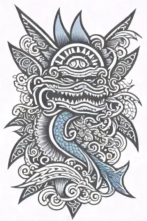 Polynesian tattoo with Spearheads, Shark Teeth, Fish Hook, Sun, Tiki, and Ocean Waves  for arms tattoo design idea
