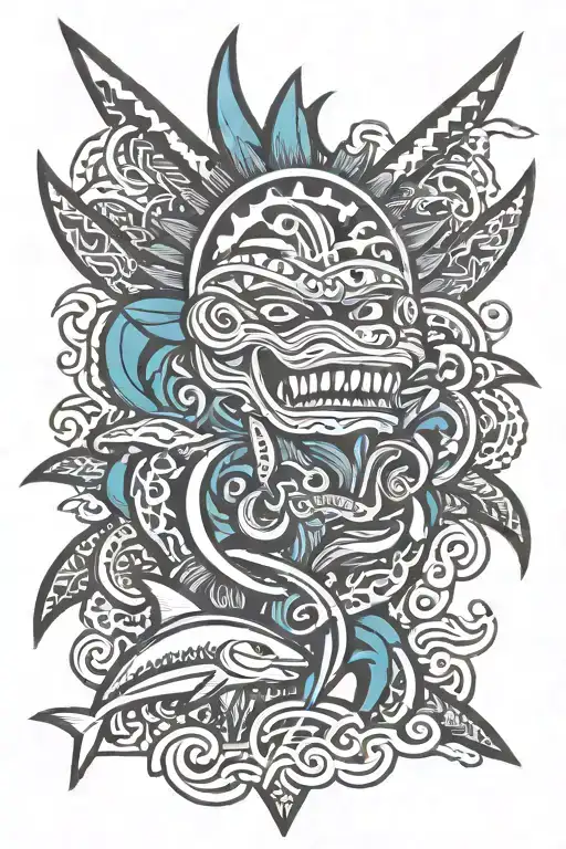 Polynesian tattoo with Spearheads, Shark Teeth, Fish Hook, Sun, Tiki, and Ocean Waves  for arms tattoo design idea