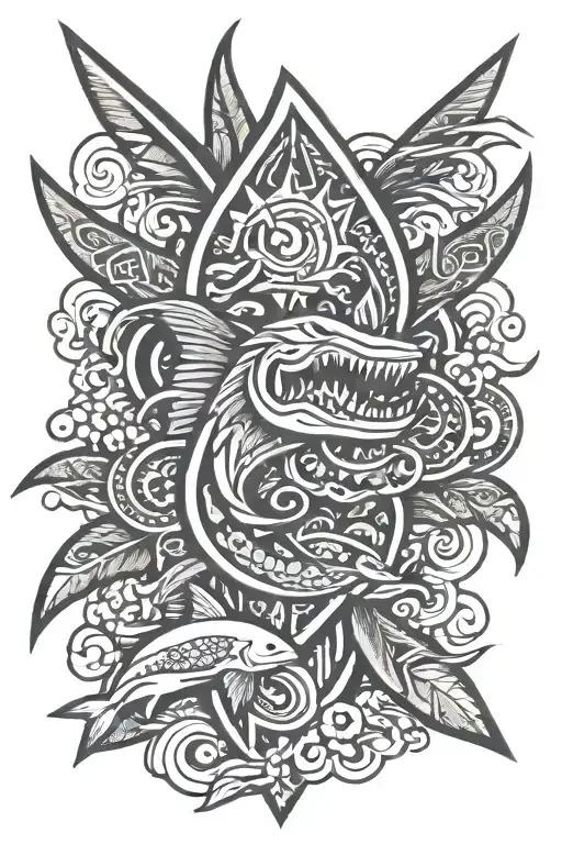 Polynesian tattoo with Spearheads, Shark Teeth, Fish Hook, Sun, Tiki, and Ocean Waves  tattoo design idea