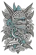 Polynesian tattoo with Spearheads, Shark Teeth, Fish Hook, Sun, Tiki, and Ocean Waves  tattoo design idea