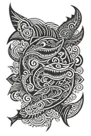 Polynesian tattoo with Spearheads, Shark Teeth, Fish Hook, Sun, Tiki, and Ocean Waves  tattoo design idea