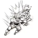 A dynamic scene featuring Naruto, Goku, and Meliodas teaming up in an epic battle tattoo design idea