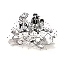 A dynamic scene featuring Naruto, Goku, and Meliodas teaming up in an epic battle tattoo design idea