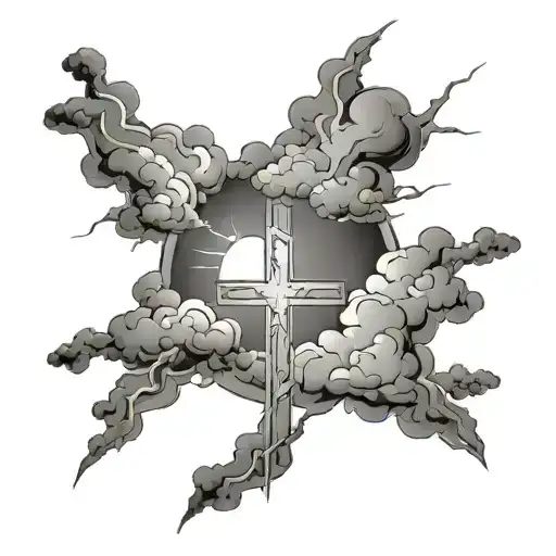 cross and clouds and lightning tattoo design idea