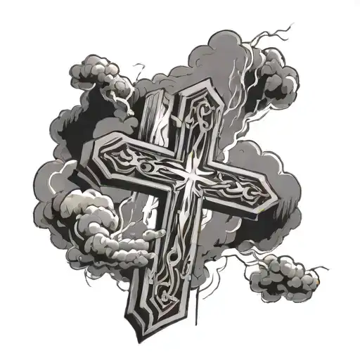 cross and clouds and lightning and religious and preying hands  tattoo design idea