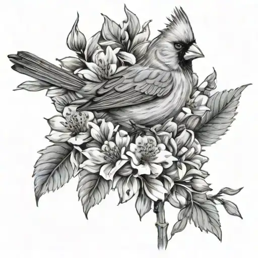 cardinal in black and grey flowers  tattoo design idea