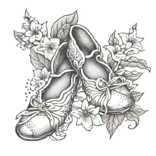 An intricate tattoo of ballet shoes surrounded by trillium flowers and crepe myrtles, representing a love for ballet and nature tattoo design idea