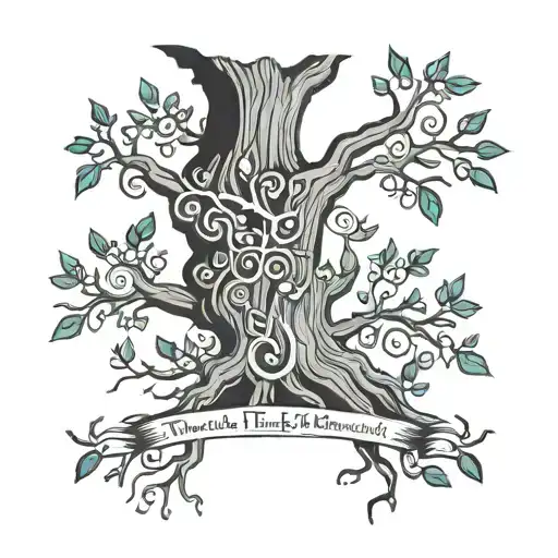 Family tree tattoo with last name Williams as the trunk and the names Jeff, April, Harper, and Greyson as the branches. tattoo design idea