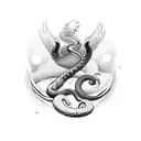 The fight between the hawk and the snake on his chest extends to his arm. Snake tattoo design idea